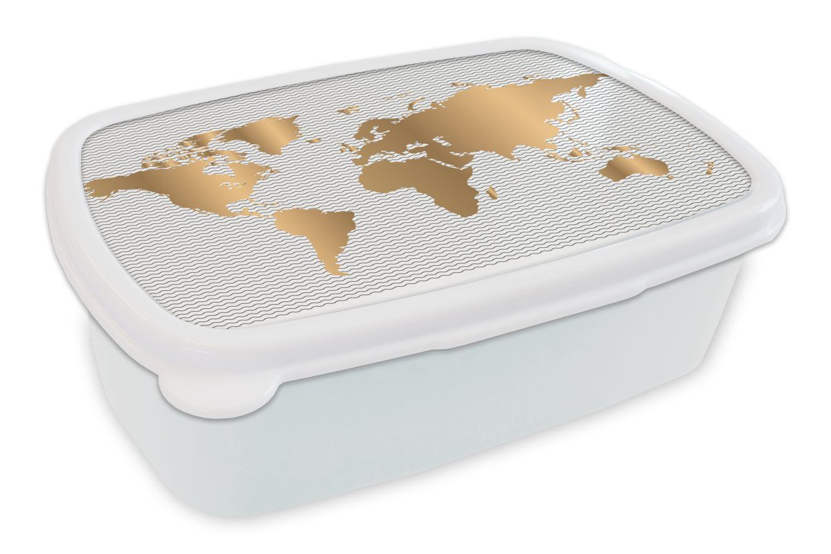 MuchoWow Lunchbox Weltkarte - Gold - Muster - Kinder - Jungen - Mädchen, Kunststoff, (2-tlg), Brotbox für Kinder und Erwachsene, Brotdose, für Jungs und Mädchen weiß