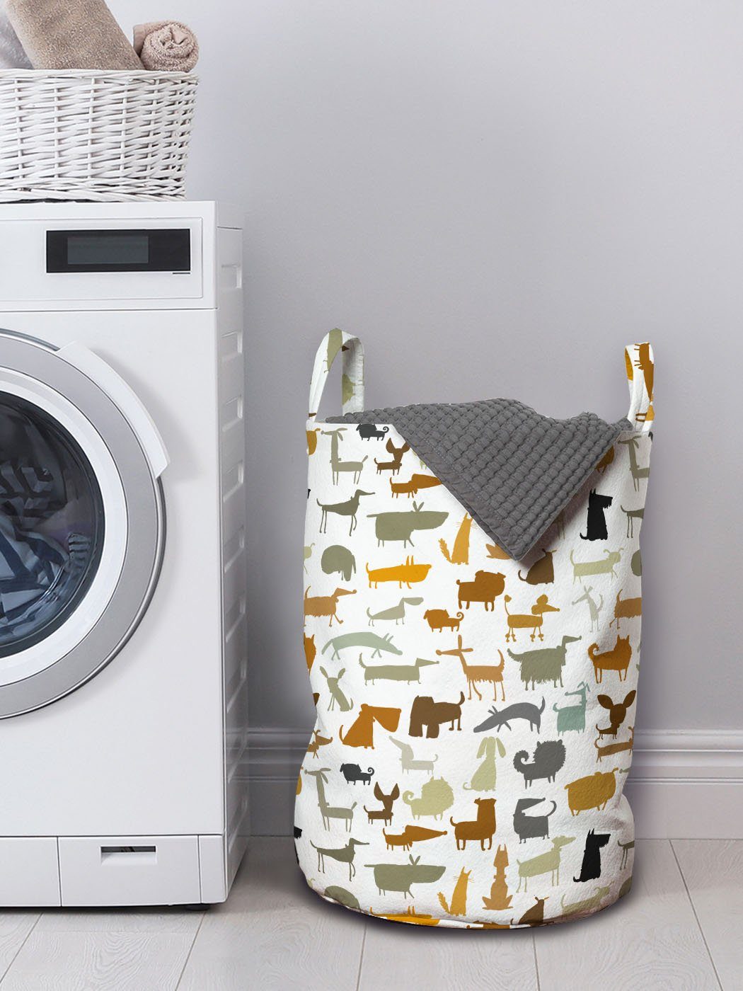 Wäschesäckchen Wäschekorb Kordelzugverschluss für mit Abakuhaus Verschiedene Rasse Hündchen Waschsalons, Griffen Hundesilhouetten