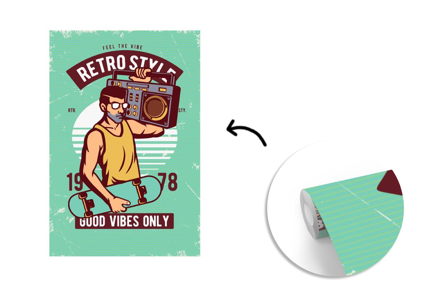 Wandtapete Vinyl St), Matt, Retro, - für Wohnzimmer, bedruckt, MuchoWow - Skateboard Tapete Montagefertig Fototapete (3 Radio - Mann