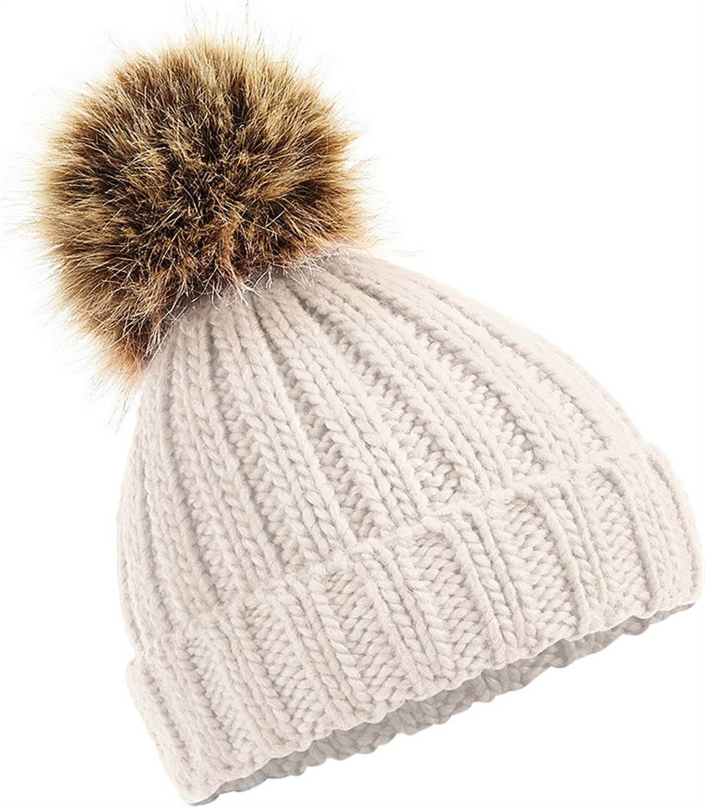 Mädchen beige Bommelmütze Neverless® Strickmütze Kunstfell Kinder Neverless Wintermütze Bommelmütze Grobstrick