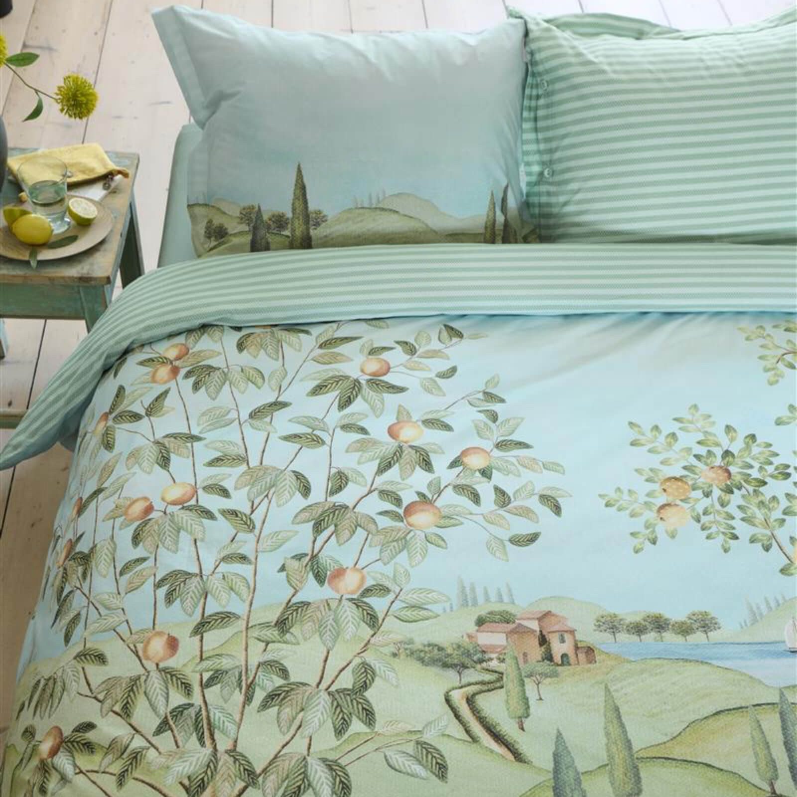PiP Studio Bettwäsche La Campagna Grün, Perkal, 3 teilig, Obstbäumchen, Zypressen, See, Mediterran
