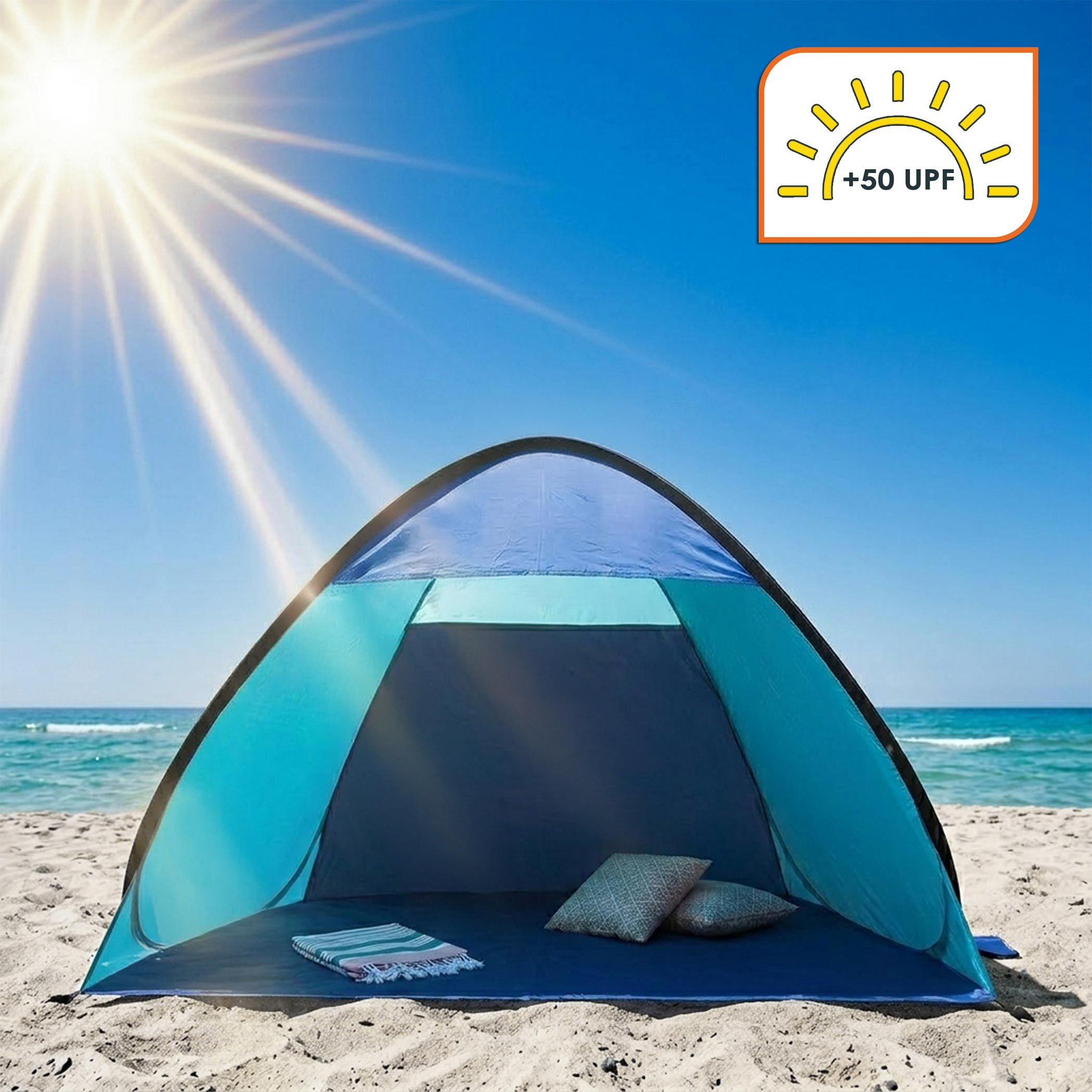Spetebo Strandmuschel Pop Up Strandzelt blau mit Tragetasche und Heringen - 210 x 110 cm, Personen: 4 (Packmaß von ca. Ø 50 x 4 cm, 1 tlg., Stück), UV 50+ Sonne – Bild 5 von 5