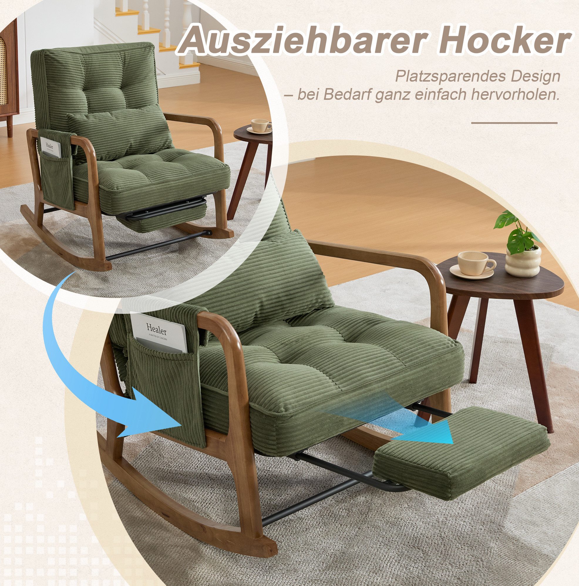 MODFU Loungesessel Ergonomischer Freizeitstuhl aus Cord mit Fußstütze (verstellbarer Schaukelstuhl und Baby-Sessel mit Lendenkissen), Schaukelstuhl Polstersessel