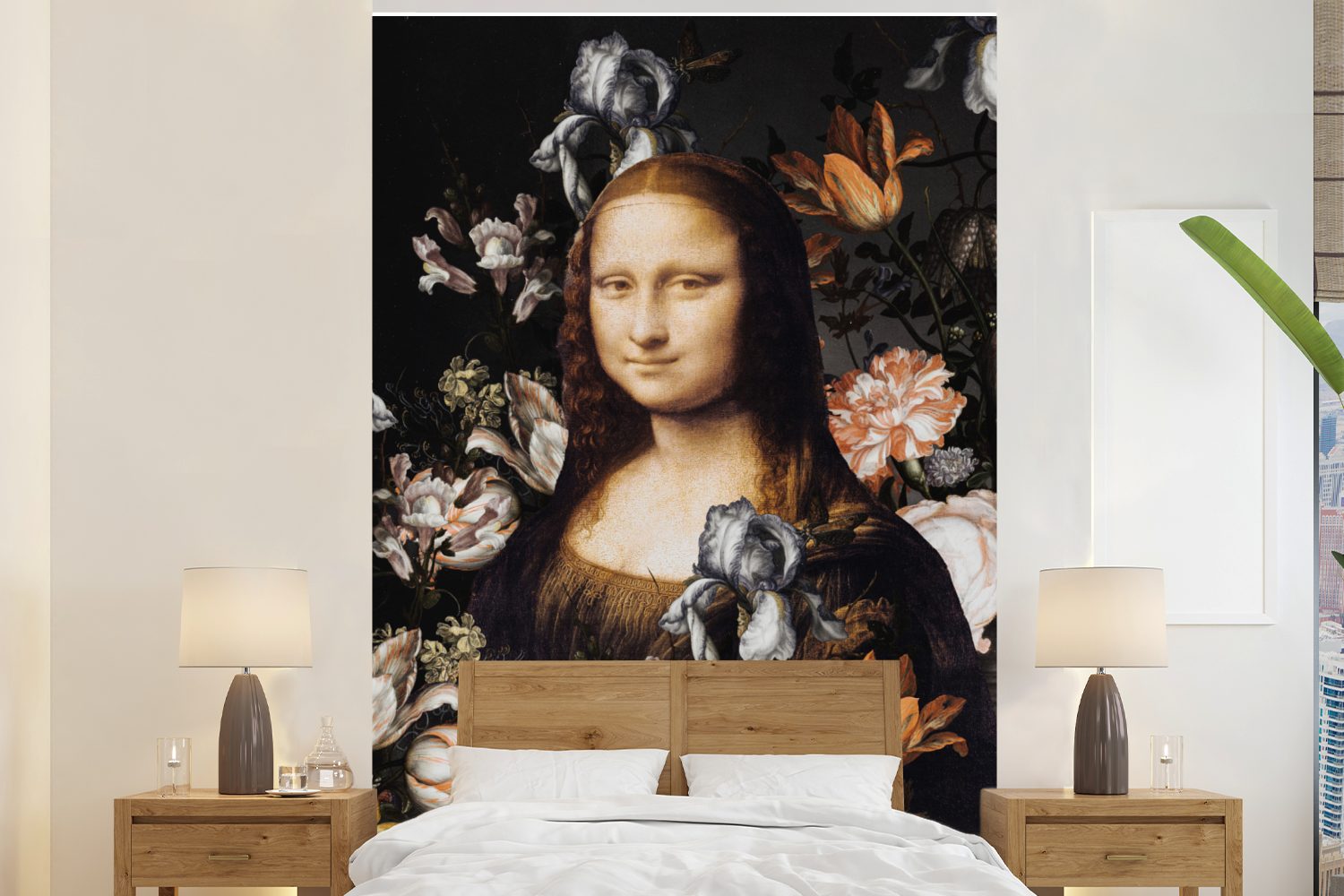 MuchoWow Fototapete Mona Lisa - Leonardo da Vinci - Blumen, Matt, bedruckt, (3 St), Montagefertig Vinyl Tapete für Wohnzimmer, Wandtapete