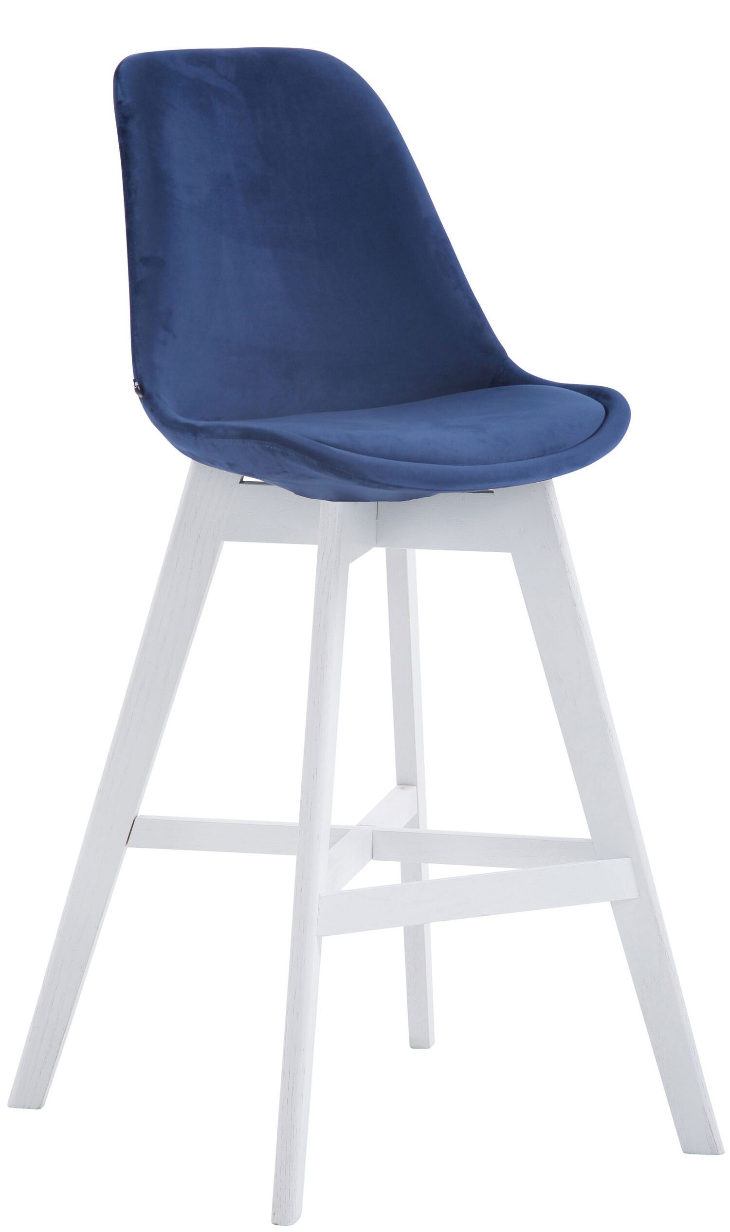 TPFLiving Barhocker Canada mit bequemer Rückenlehne und angenehmer Fußstütze (Barstuhl Hocker für Theke & Küche), 4-Fuß Gestell Holz Weiß - Sitzfläche: Samt Blau