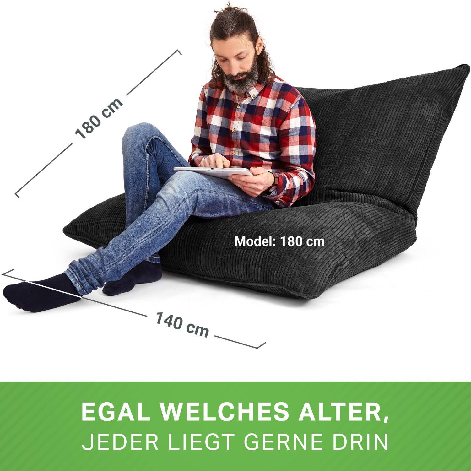 Green Bean Sitzsack XXL Riesen Sitzsack Square aus Cord (XXL aus Cordstoff 370 Liter mit EPS-Perlen Füllung, Kuschelig Weich Waschbar), Sitzkissen Lounge Chair  – Bild 5 von 5