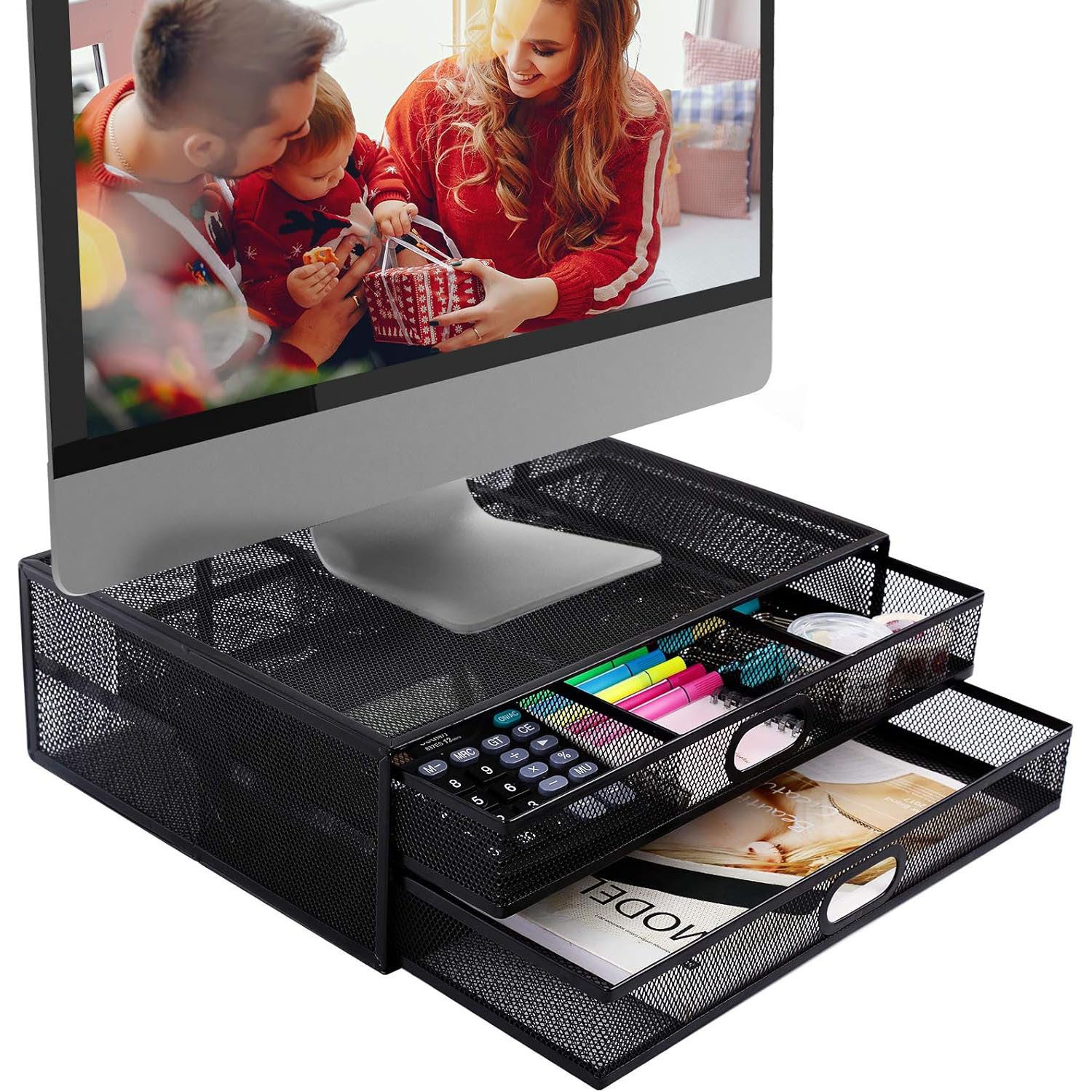 HEYHIPPO Organizer Monitorständer mit 2 Schubladen, ergonomischer Schreibtisch-Organizer (Schwarze Schreibtischbox 40x30x11 cm mit 2 praktischen Schubladen), Erhöhter Bildschirmständer aus Metall, Organizer für Büro & Zuhause