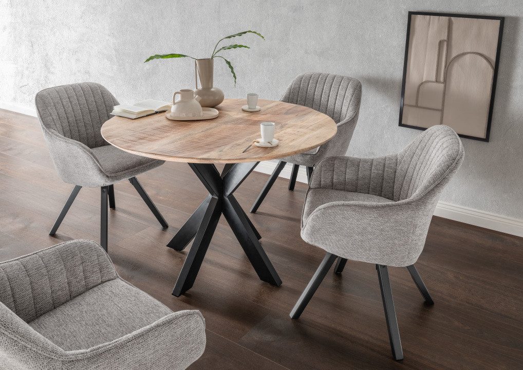 MR.DEKO Esszimmer-Set Esszimmer Set Matera mouse grey & Tisch Avola Gestell Cross 110 cm, (Küchenmöbel für 4-6 Personen, 5-St), Drehbare Sessel, Massives Holz