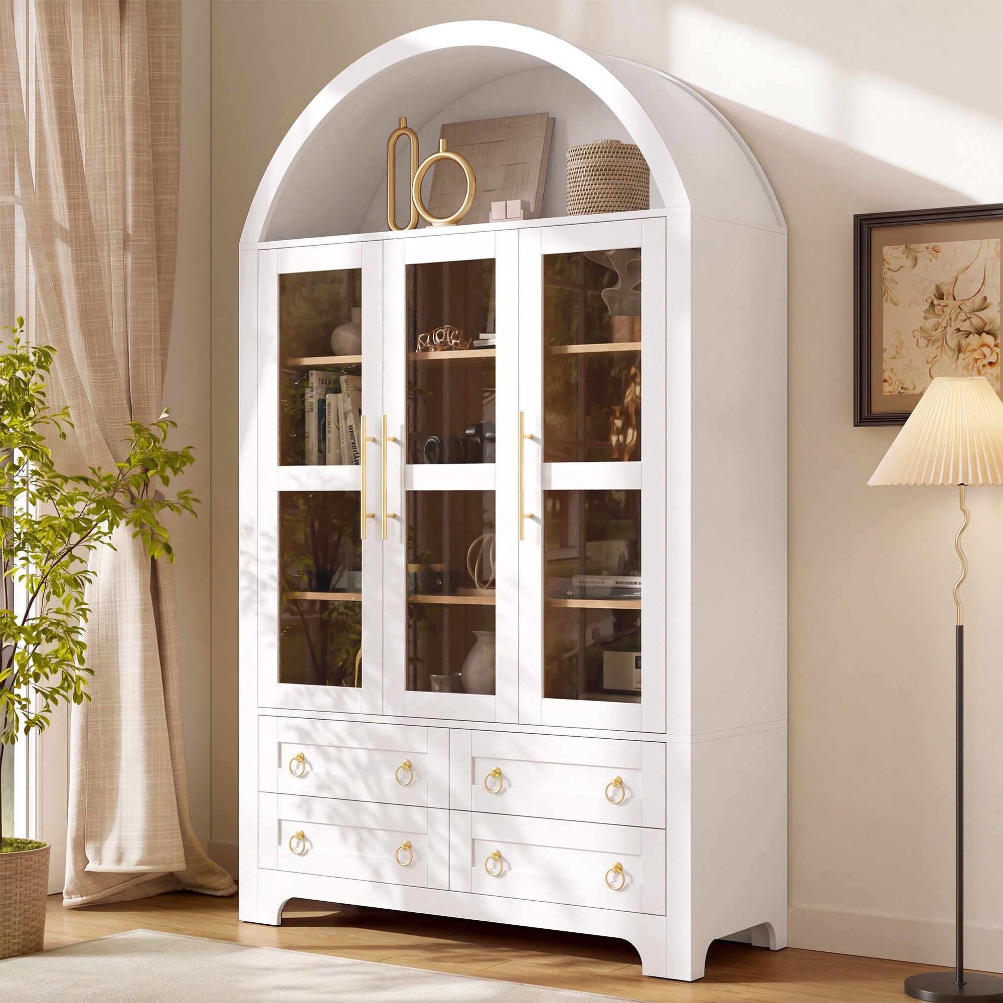 Merax Hochschrank Bogen-Mehrzweckschrank Glasvitrine mit Aluminiumgriffen (Anrichte Sideboard Aufbewahrungsschrank, 1-St., 110 L x 40 B x 185 H cm) Wohnzimmerschrank mit 3 Glastüren,4 Schubladen, offenem Rundbogen-Fach