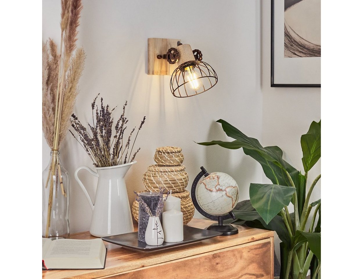hofstein Wandleuchte »Cotes« Wandlampe aus Holz/Metall in Natur/Rost m. Lichteffekt, ohne Leuchtmittel, Gitter-Optik, Leuchte, Holzbalken, Textilkabel, verstellbar, E27