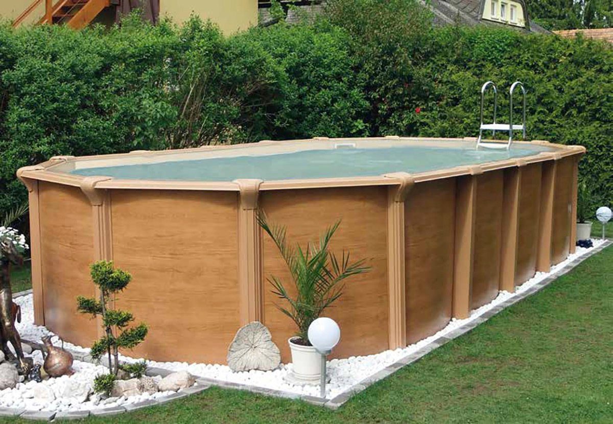 KWAD Ovalpool Wood Design, inkl. Sicherheitsleiter & Zubehör, sandfarbene Innenfolie (Set, 10-tlg), Höhe: 132 cm, inkl. Wasserpflege-Set