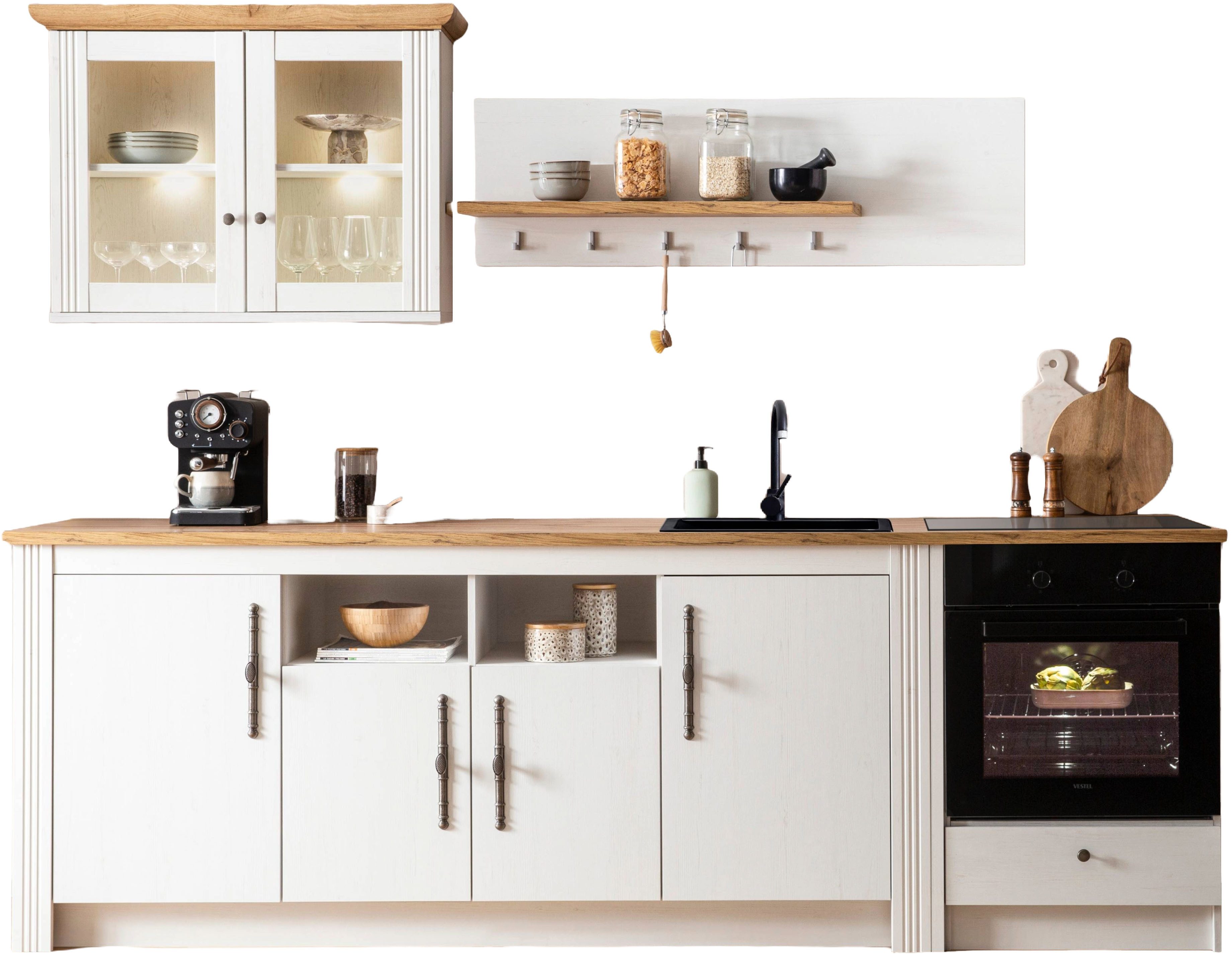 KOCHSTATION Кухниzeile KS-Westminster, Pantryküche im Landhaus Stil, hochwertige Metallgriffe, (Set), Breite 268 cm, Sideboard, Wandpaneel, Hängeschrank und Herdumbau