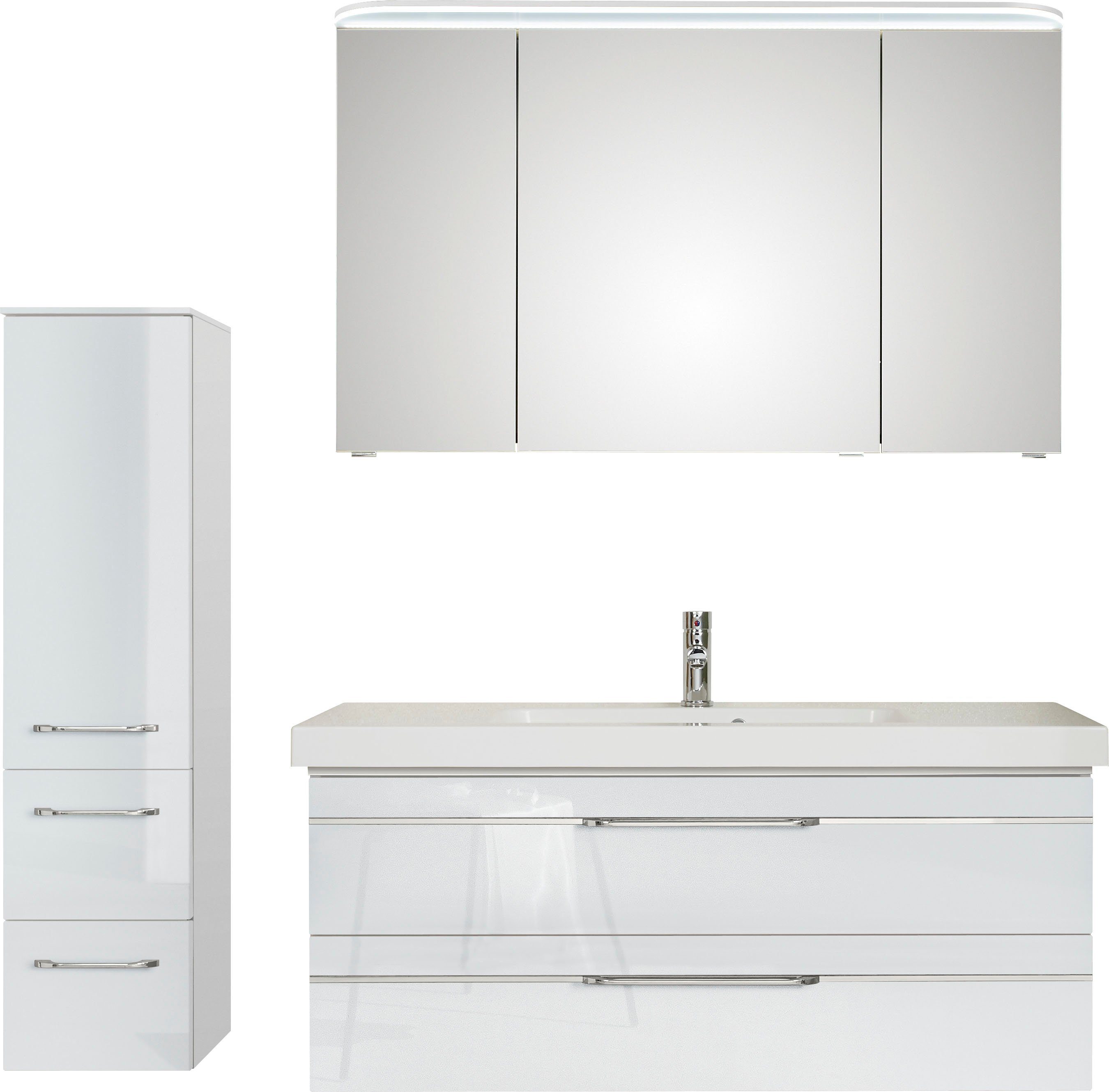 Saphir Badmöbel-Set Balto Sprint 3-teilig, Mineralmarmor-Waschtisch mit LED-Spiegelschrank, (4-St), Badezimmer Set mit Midischrank inkl Türdämpfer, 4 Türen, 4 Schubladen