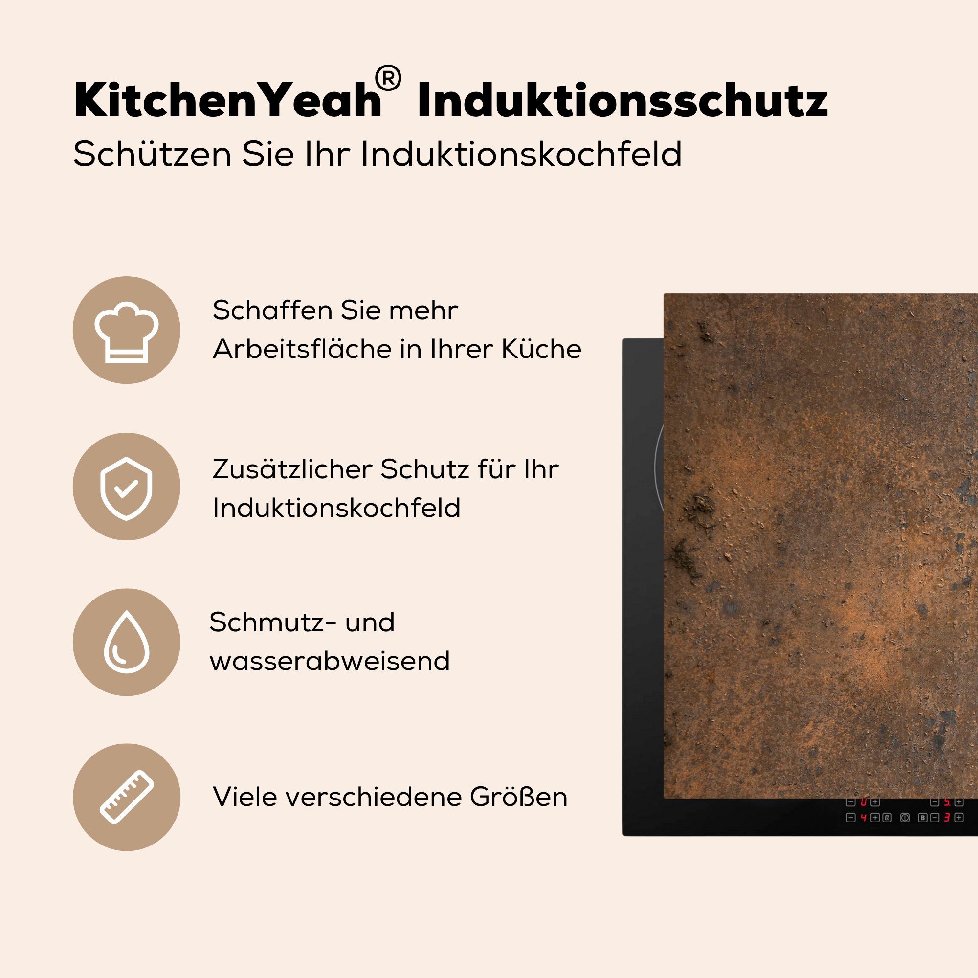 MuchoWow Herdblende-/Abdeckplatte Rostdruck tlg), - Schutz die cm, - Braun, Vinyl, für Ceranfeldabdeckung Induktionskochfeld (1 Eisen 81x52 küche