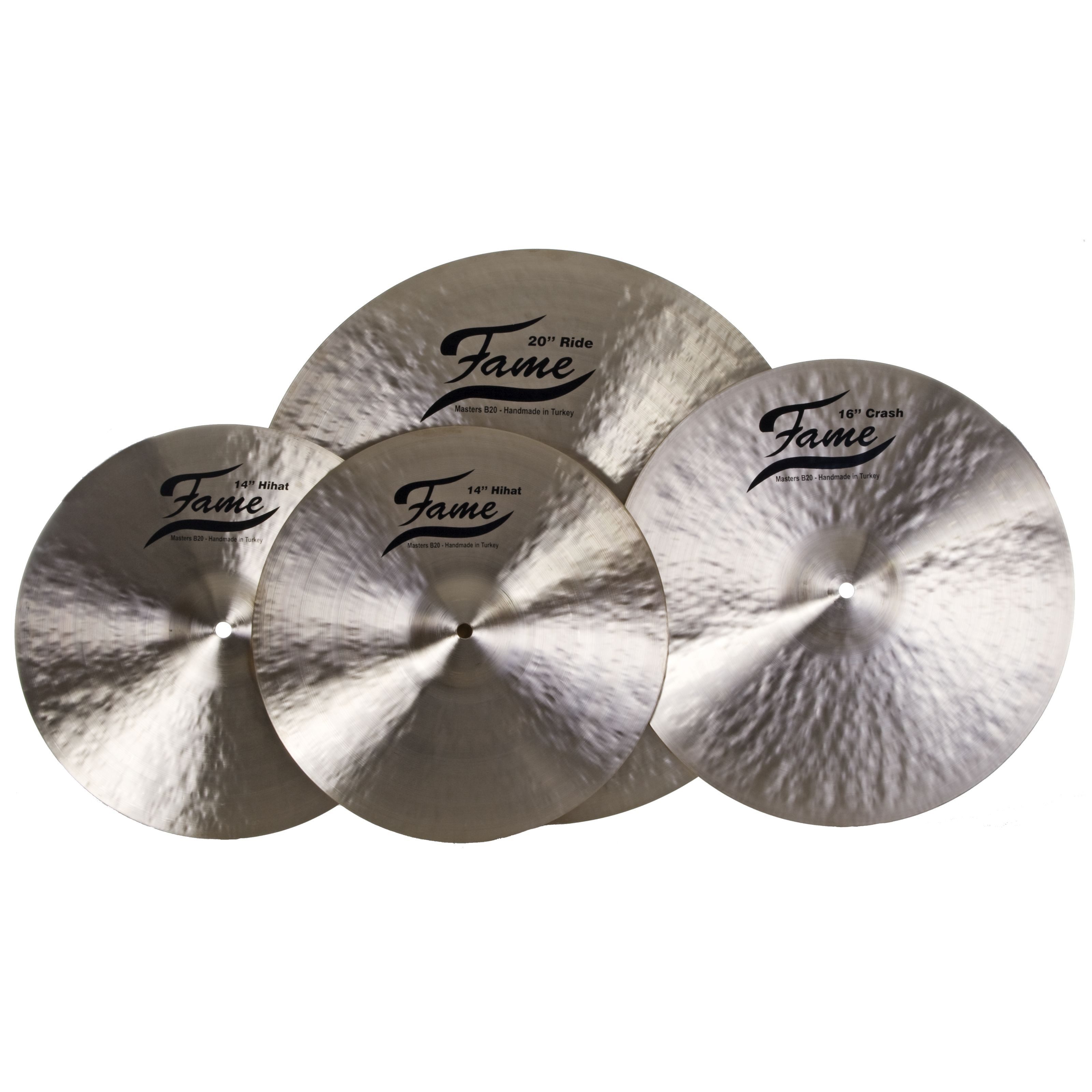 FAME Becken,B20 Heavy Beckenset 14" HiHat 16" Crash 20" Ride Cymbal Handgehämmert B20 Bronze Natural Finish inklusive Practice Pad 10", Cymbals, Cymbal Sets, B20 Heavy Beckenset, Handgehämmert, B20 Bronze