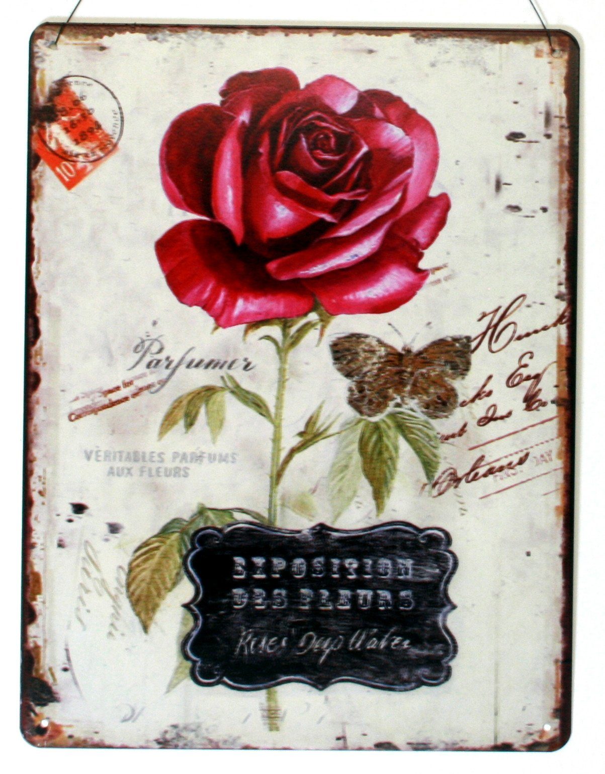 Metallschild Blechschild rote Rose Exposition des Fleurs