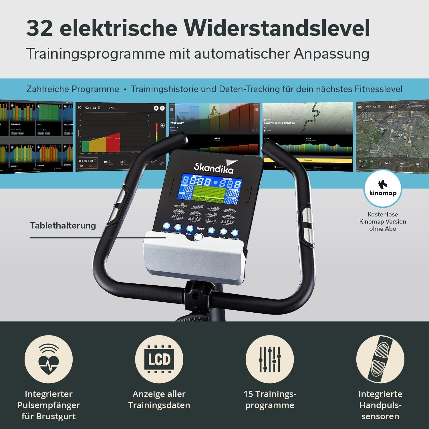 Skandika Ergometer Cardio Bike Atlantis Heimtrainer mit App Steuerung, Bluetooth, 10kg Schwungmasse, Pulsmessung, 32 Stufen, geräuscharm Transportrollen