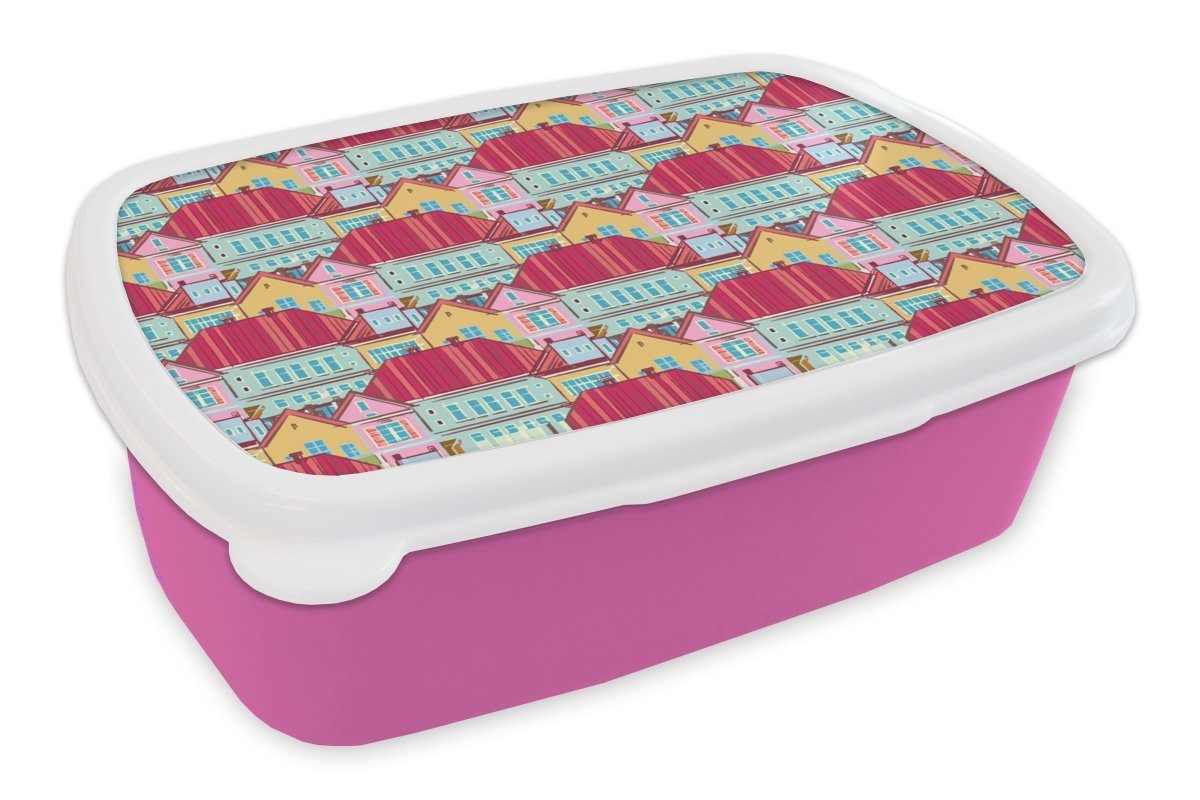MuchoWow Lunchbox Häuser - Zentangle - Muster, Kunststoff, (2-tlg), Brotbox für Erwachsene, Brotdose Kinder, Snackbox, Mädchen, Kunststoff rosa