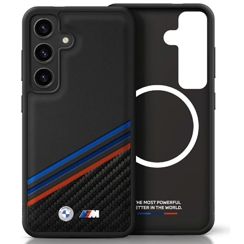 BMW Handyhülle Galaxy S25 Kunstleder Tricolor schwarz MagSafe Logo Metall 6,2 Zoll, Kantenschutz
