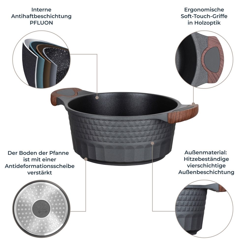 RESTO Kitchenware Kochtopf Capella, Schmortopf antihaftbeschichtet und spülmaschinenfest, Aluminiumguss (2-tlg), mit Glasdeckel und stoßdämpfendem Silikonrand, im Geschenkkarton