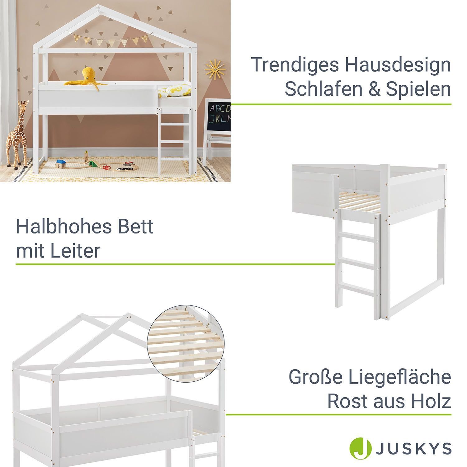 Kinderbett stabiles Kiefernholz Josy, modernes 90x200 cm, Juskys Hochbett, Rausfallschutz,