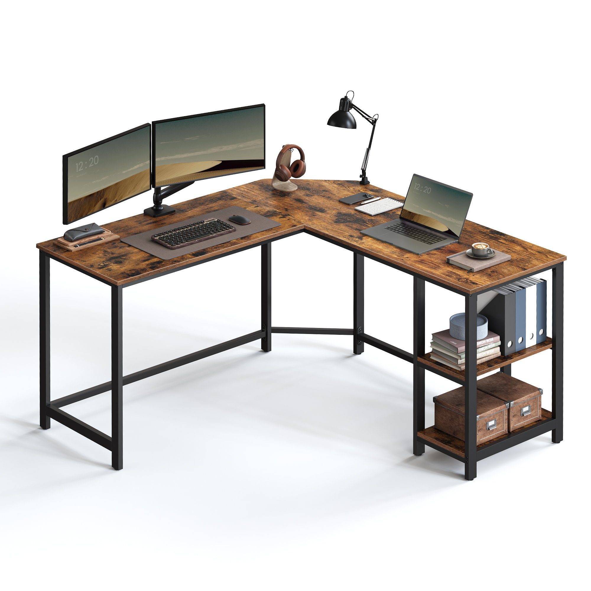VASAGLE Schreibtisch Computertisch, L-förm Eckschreibtisch mit 2 Ablagen vintage | Schwarz | Vintagebraun