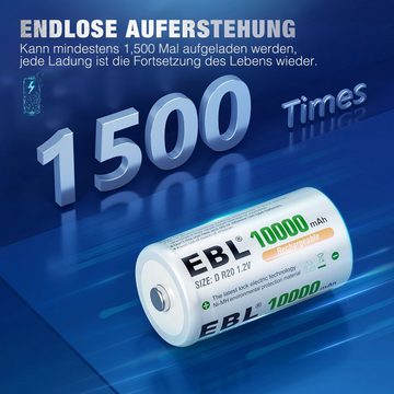 EBL Power vorgeladener D Mono NiMH Akku, 10000mAh Wiederaufladbare Batterie, (4 St)