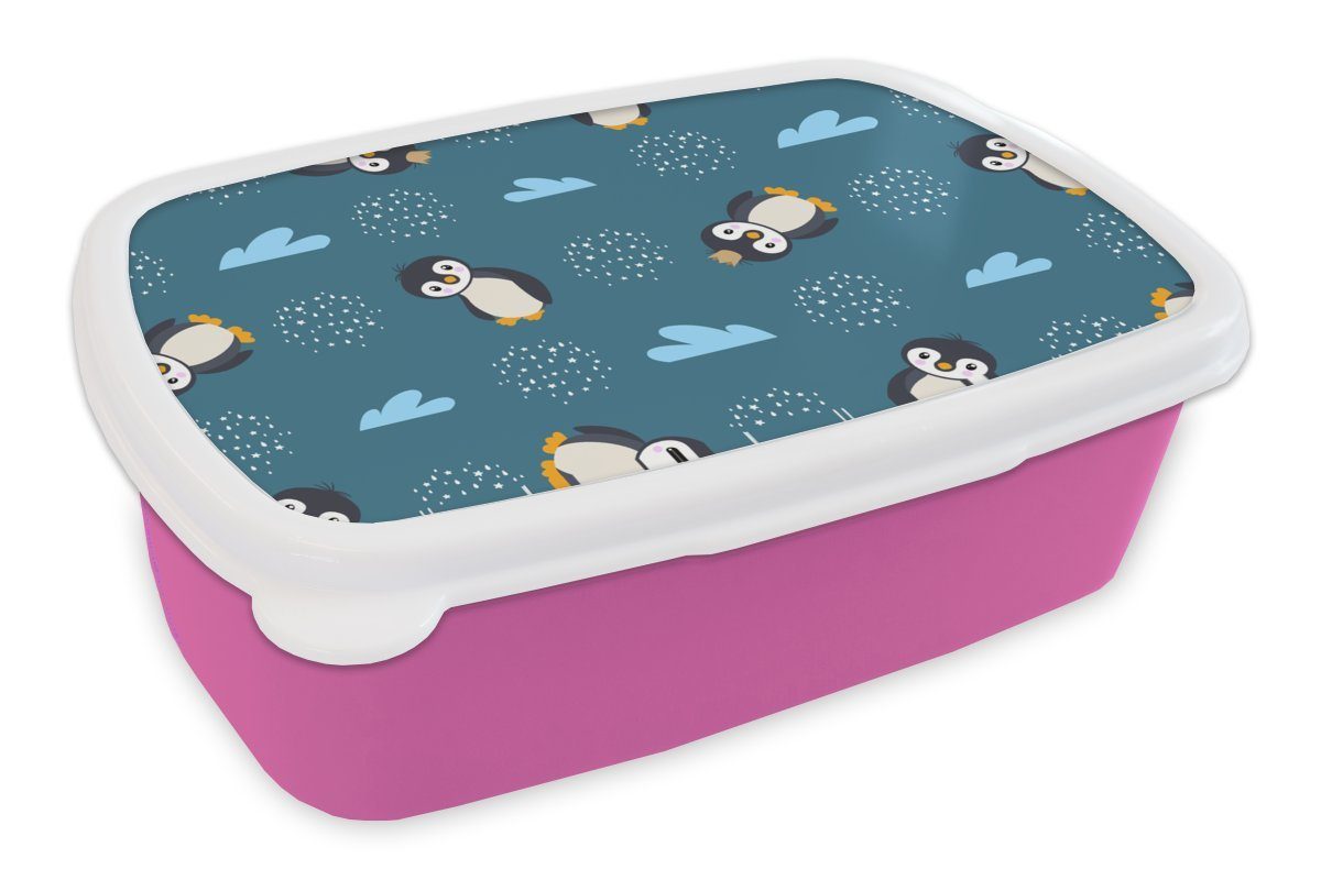MuchoWow Lunchbox Pinguin - Wolken - Jungen - Design, Kunststoff, (2-tlg), Brotbox für Erwachsene, Brotdose Kinder, Snackbox, Mädchen, Kunststoff rosa