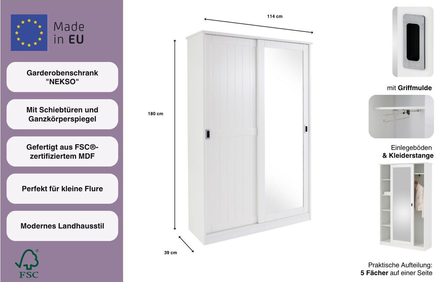 Home affaire Garderobenschrank Nekso mit Spiegel, Breite 114 cm, aus MDF oder Massivholz, FSC®