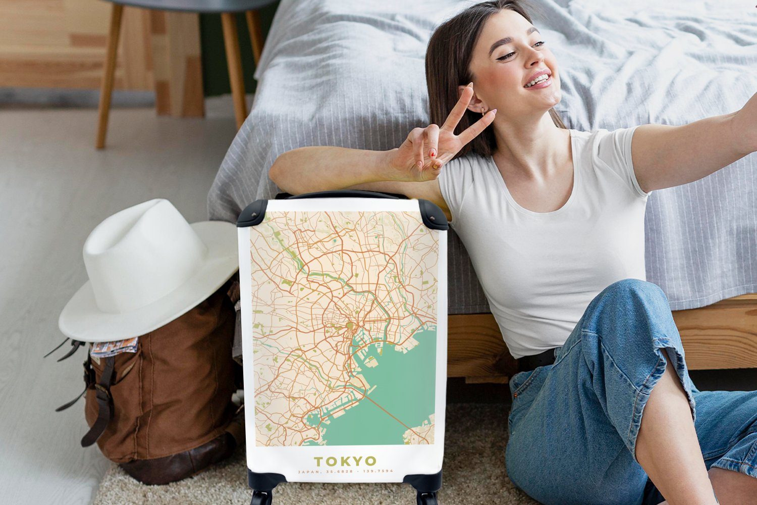 Rollen, MuchoWow Ferien, - Tokio Handgepäck Stadtplan Reisetasche - Trolley, Vintage für mit Karte, - rollen, Handgepäckkoffer 4 Reisekoffer