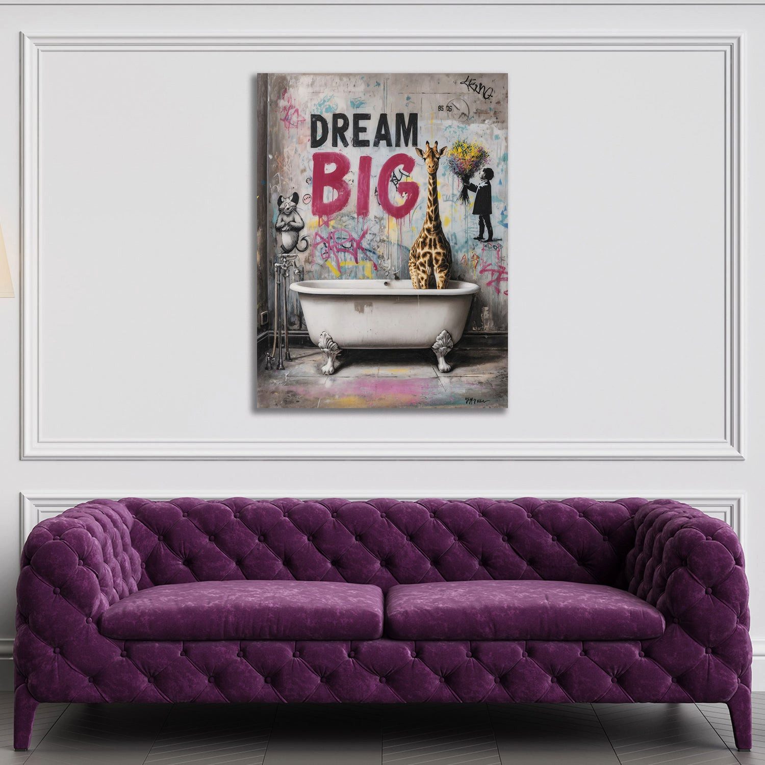 Artedinoi Leinwandbild Graffiti Dream Big Badezimmer mit Giraffe Leinwandbild Wandbild Kunstd, Giraffe im Bad, Dream Big