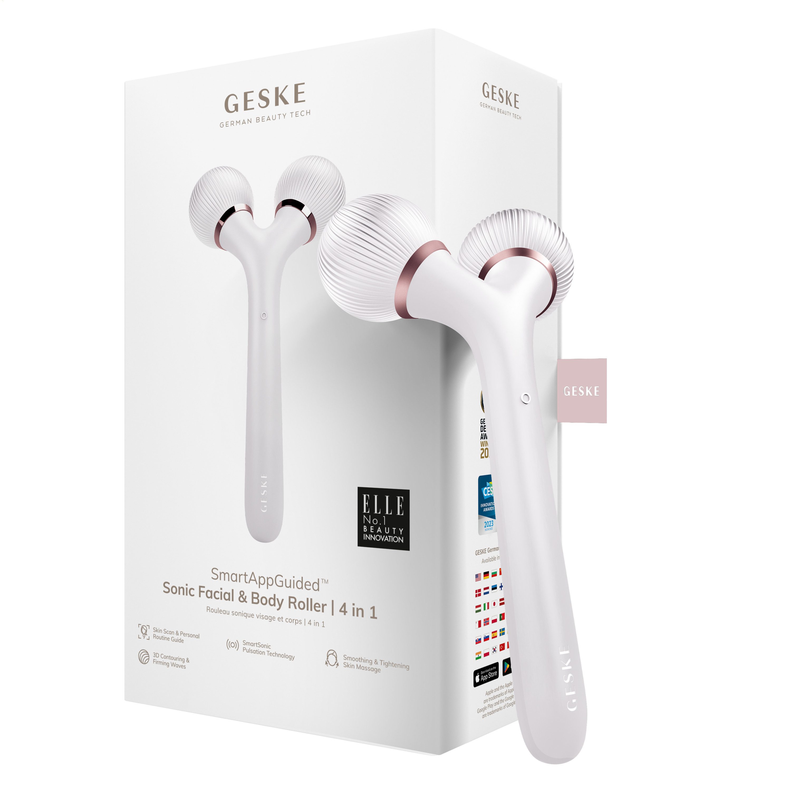 GESKE German Beauty Tech Dermaroller SmartAppGuided™ Sonic Facial & Body Roller 4 in 1, Packung (Gerät & USB-Ladekabel), 2-tlg., Gerät inkl. kostenloser APP (SmartAppGuided Device), Mit der GESKE App erhältst Du deine personalisierte Уход за кожейroutine.