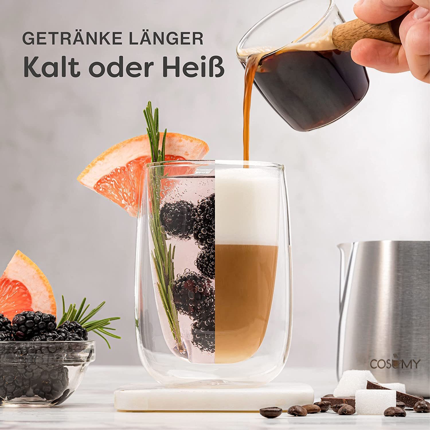 Cosumy Gläser-Set 4 doppelwandige Cappuccino Thermogläser 250ml - Halt die Temperatur, 4-tlg., Glas, Cappuccino Thermogläser - für Heiß- und Kaltgetränke