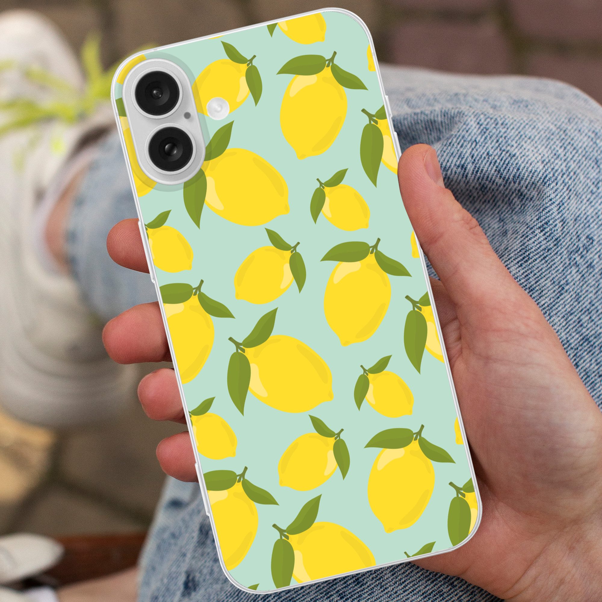MuchoWow Handyhülle für Apple iPhone 16 Plus Muster Zitronen - Gelb - Blau - Muster - Früc, Smartphone-Bumper, Print, Handy Schutzhülle Dünn