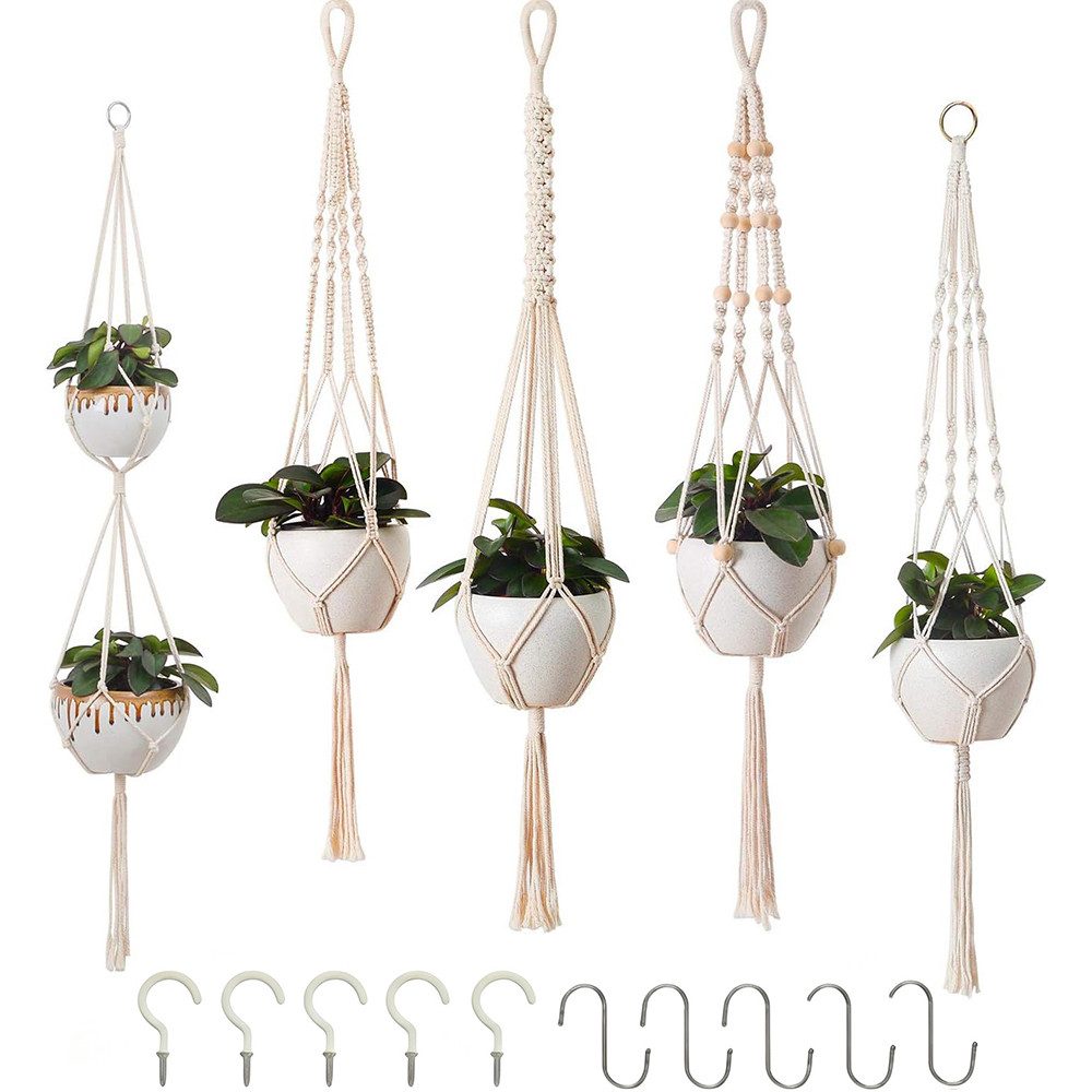 AFKSMILE Blumenampel Makramee Blumenampel 5er Set, Boho Deko Baumwollseil Hängeampel (5 St), Blumentopf Pflanzen Halter Aufhänger für Innen Außen Decken Balkone