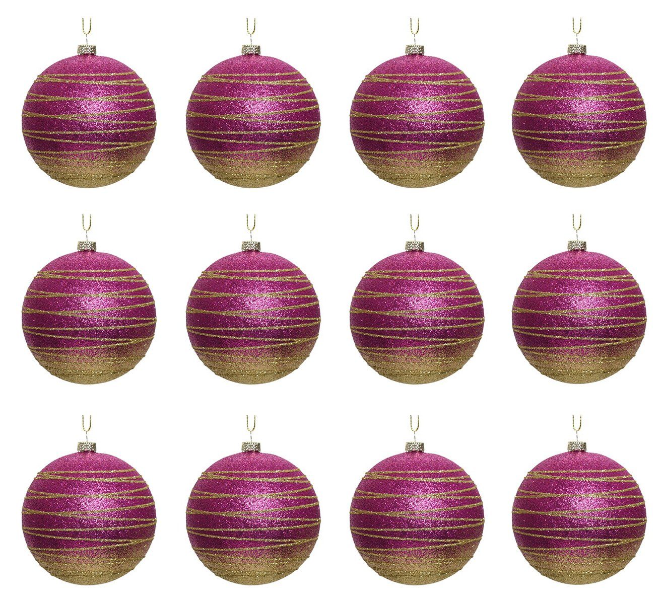 Decoris season decorations Christbaumschmuck, Weihnachtskugeln Streifen Kunststoff 8cm 12er Set - Pink / Gold