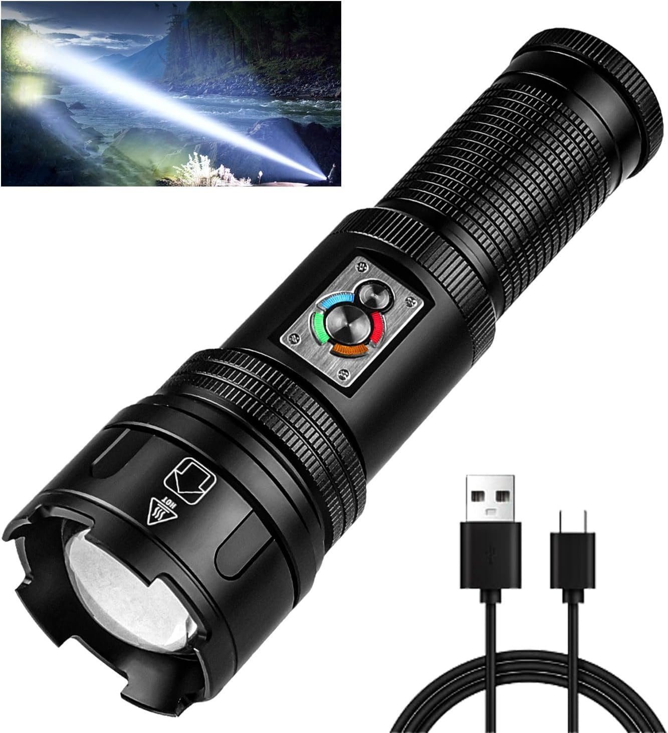 feinlux Taschenlampe LED Taschenlampe Superhelle Flashlight (Packung, 1 x LED Taschenlampe, 1 x Aufladekabel, 1 x Bedienungsanleitung), 150000LM,Campinglampe 10 Modi,Starke Wasserdicht Flashlight