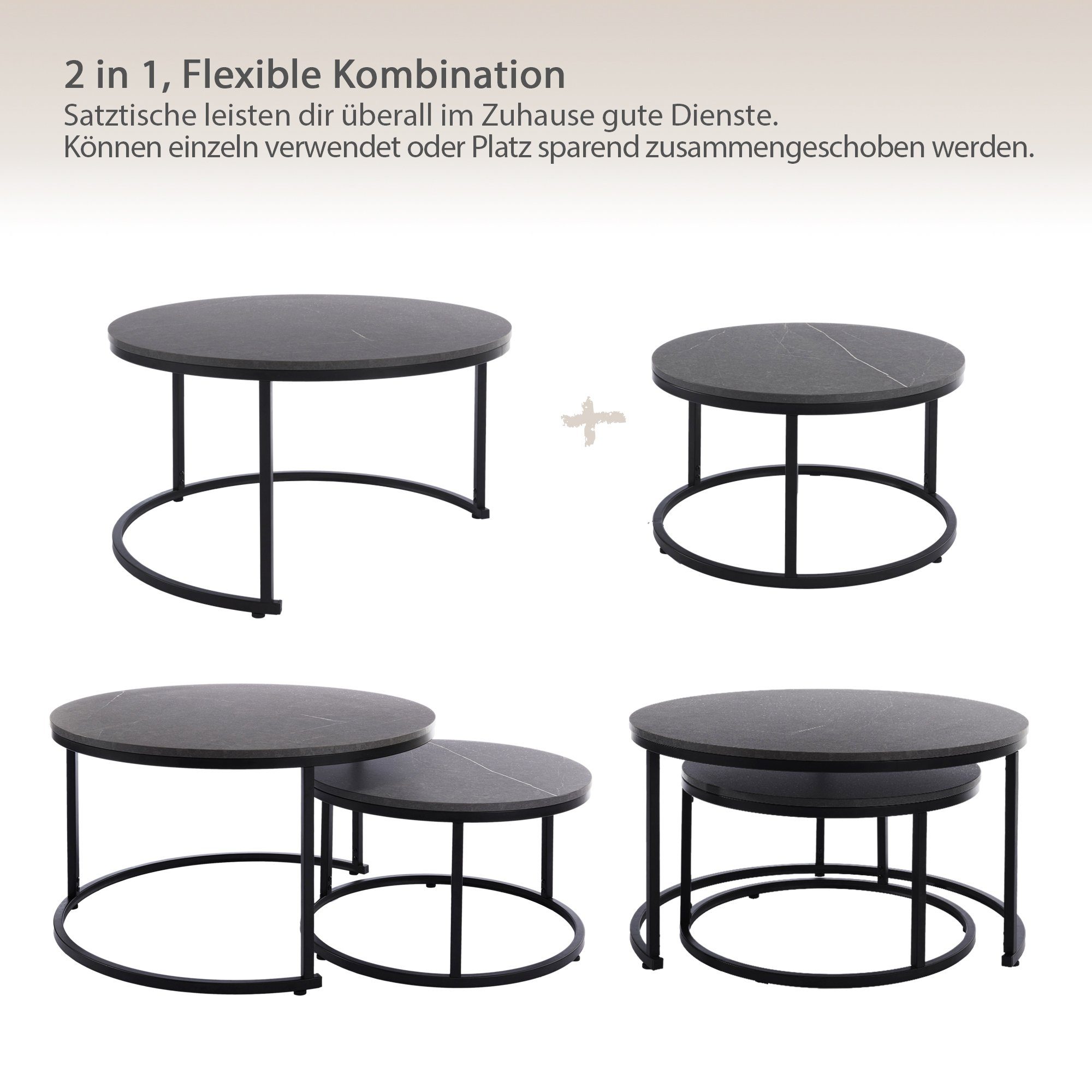 HomeGuru Couchtisch Schwarz Marmormuster, Satztische Design | (2-St., Set) 2 Sintergestein, modernes St., rund, schwarz
