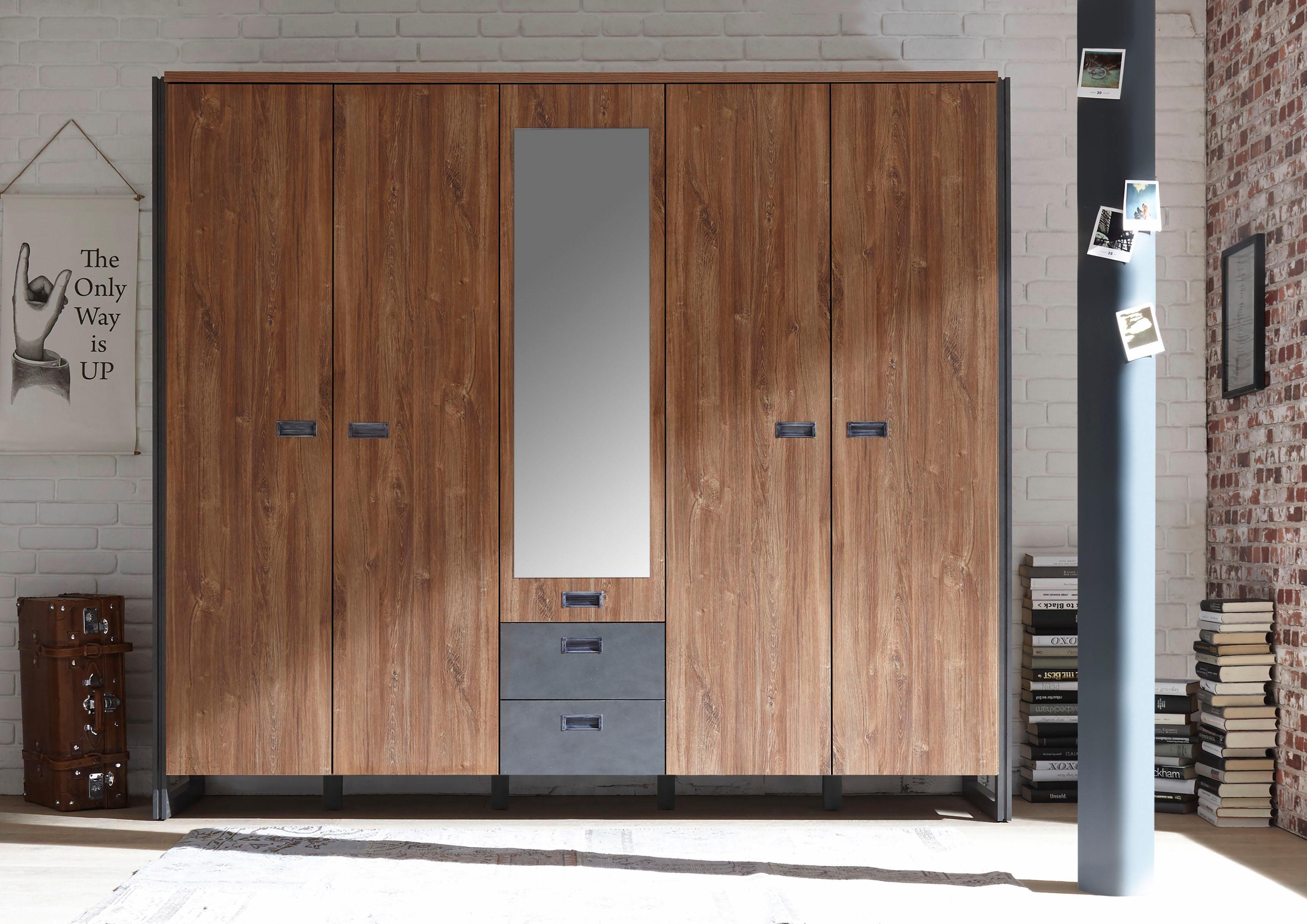 Home affaire Drehtürenschrank Detroit Schubladen in Schieferoptik, Metallgriffe Kleiderschrank mit Spiegel Garderobe in den Breiten: 99/143 oder 232cm. Reduzierter Preis € 899,99. Unverbindliche Preisempfehlung € 1.439,99