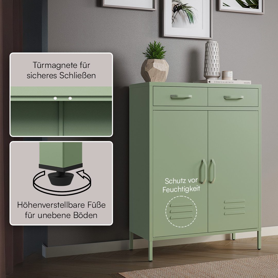 skølm Kommode Atria aus Metall (Grün, 2 Fächer & 2 Schubladen), höhenverstellbare Böden, Highboard auch verfügbar ohne Schubladen