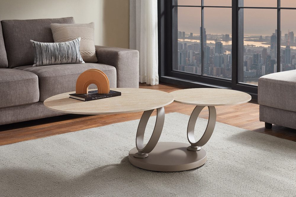 riess-ambiente Couchtisch DANCING RINGS 80cm champagner/greige - Keramik, modern, rund, drehbar (Einzelartikel, 1-St), Ausgefallener Beistelltisch - ideal für moderne Wohn- und Schlafzimmer