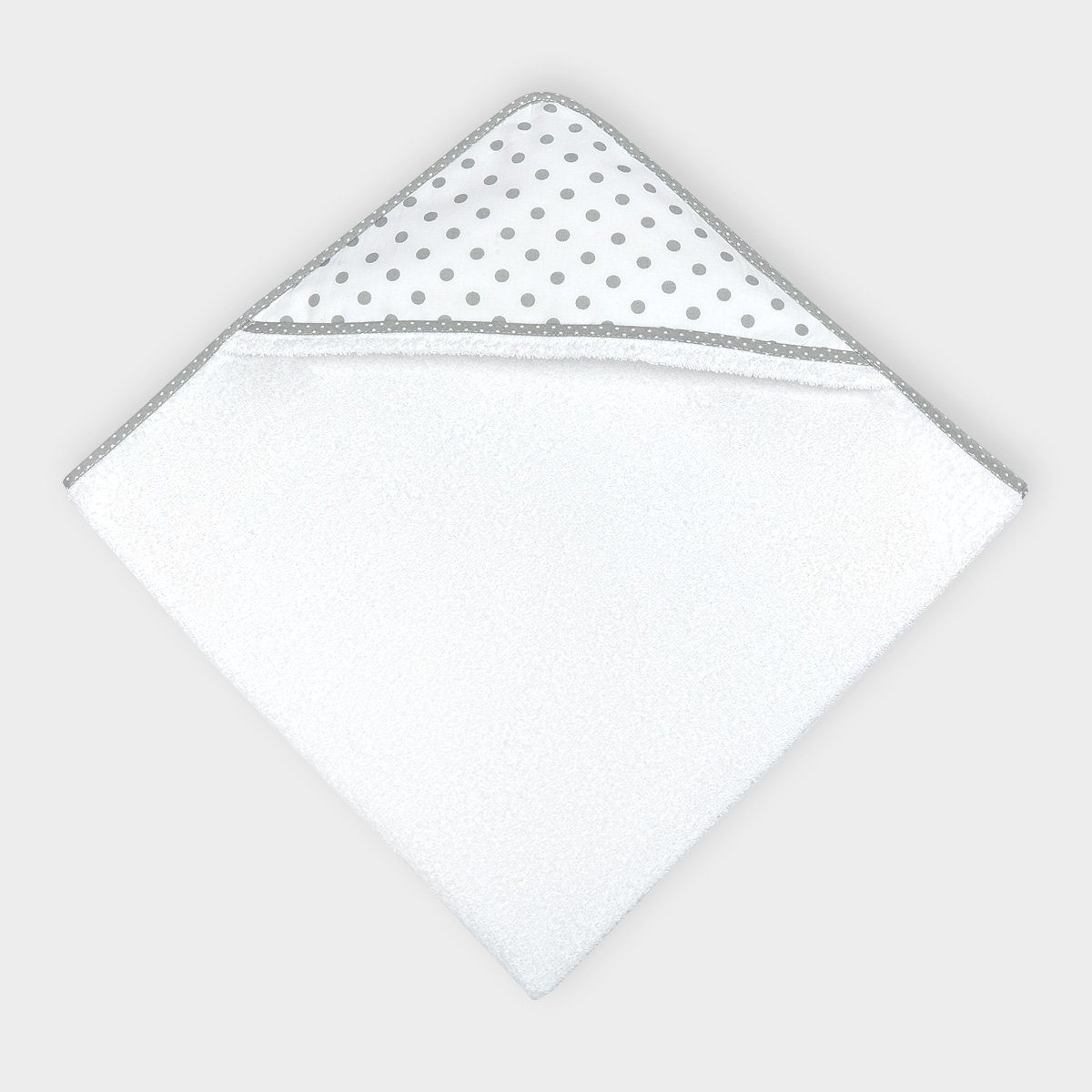KraftKids Kapuzenhandtuch graue Punkte auf Weiss, 100% Baumwolle, extra dickes und weiches Frottee, eingefasst mit Schrägband