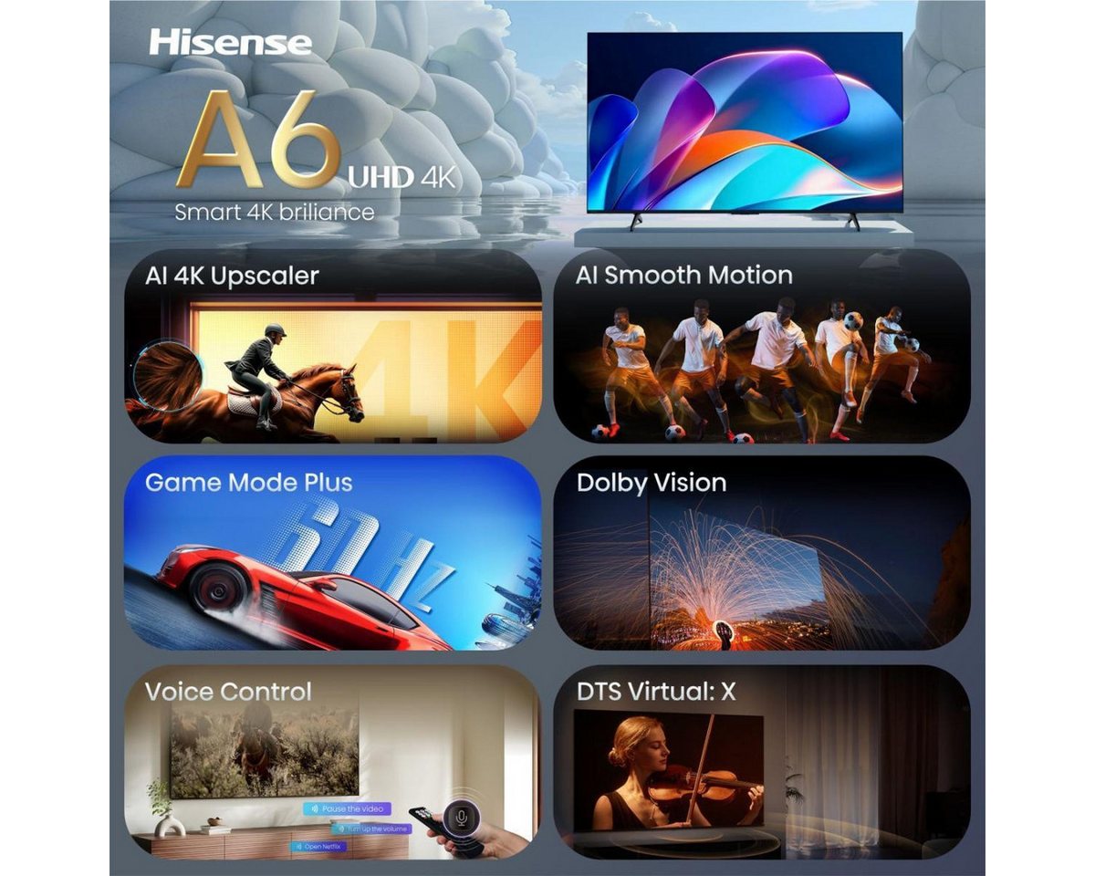 Hisense 55A6S LED-Fernseher (55'' 4K UHD Smart TV, HDR, HDMI 2.1, Dolby Vision)