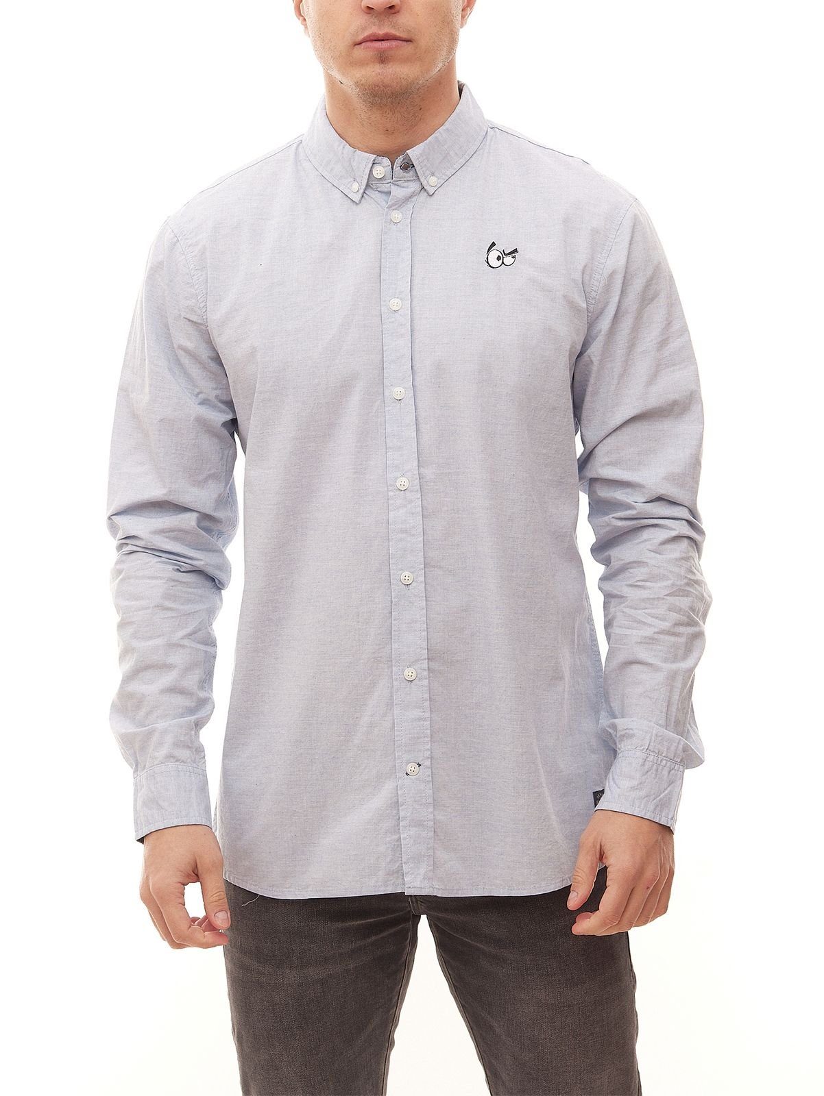 Blend Rundhalsshirt BLEND Herren Langarm-Hemd zeitloses Button-Down-Shirt mit gesticktem Patch 20708485 Shirt Blau
