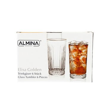 Almina Glas Elisa Trinkgläser-Set 6-teilig mit Goldumrandung Riffle Design 300 ml