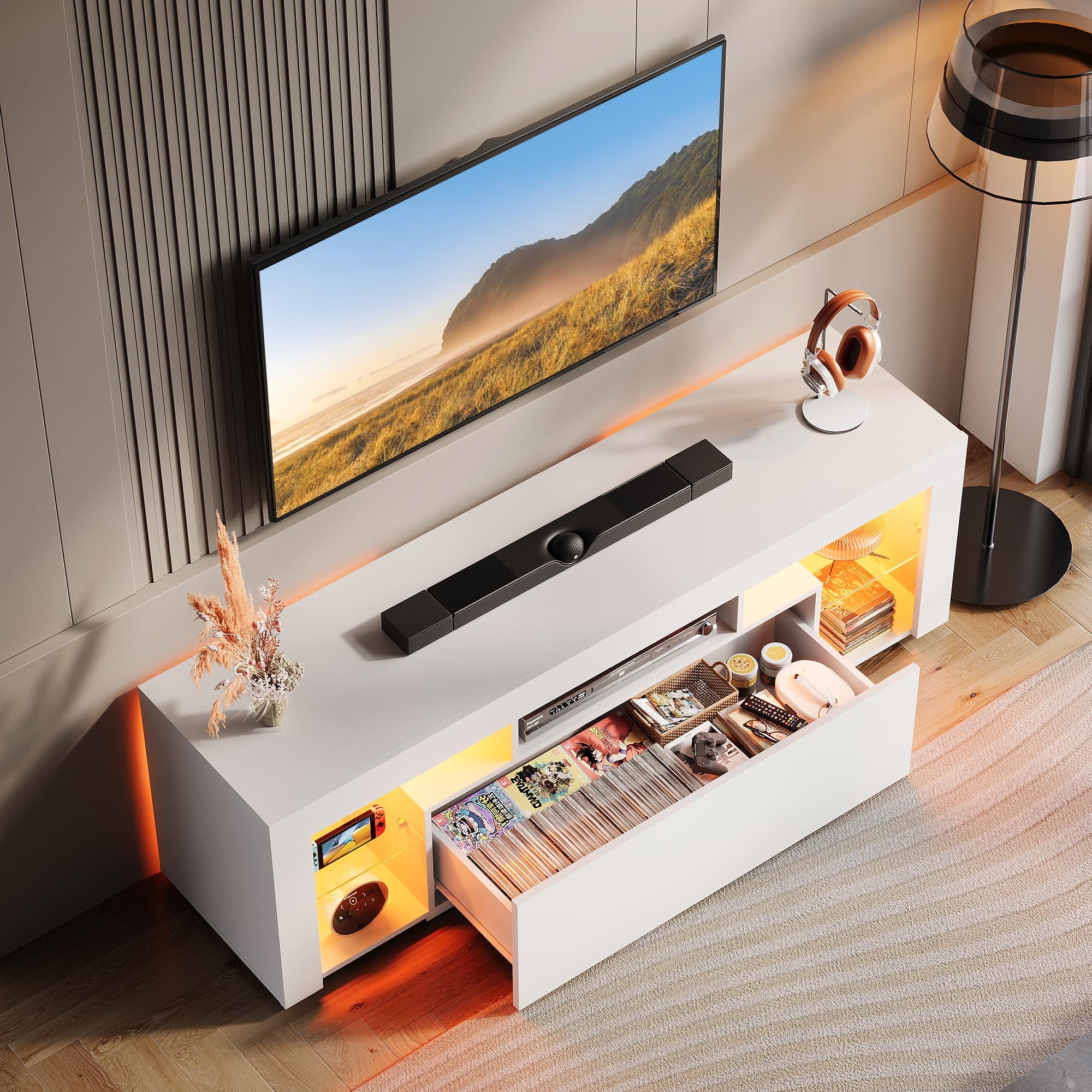 WLIVE Lowboard mit RGB-LED (20 Farben) Glasböden 135 x 45x 35cm (Fernsehtisch mit Schubladen für 50/55/60 Zoll Fernseher), Fernsehschrank für Wohnzimmer Schlafzimmer, Moderne TV Bank aus Holz