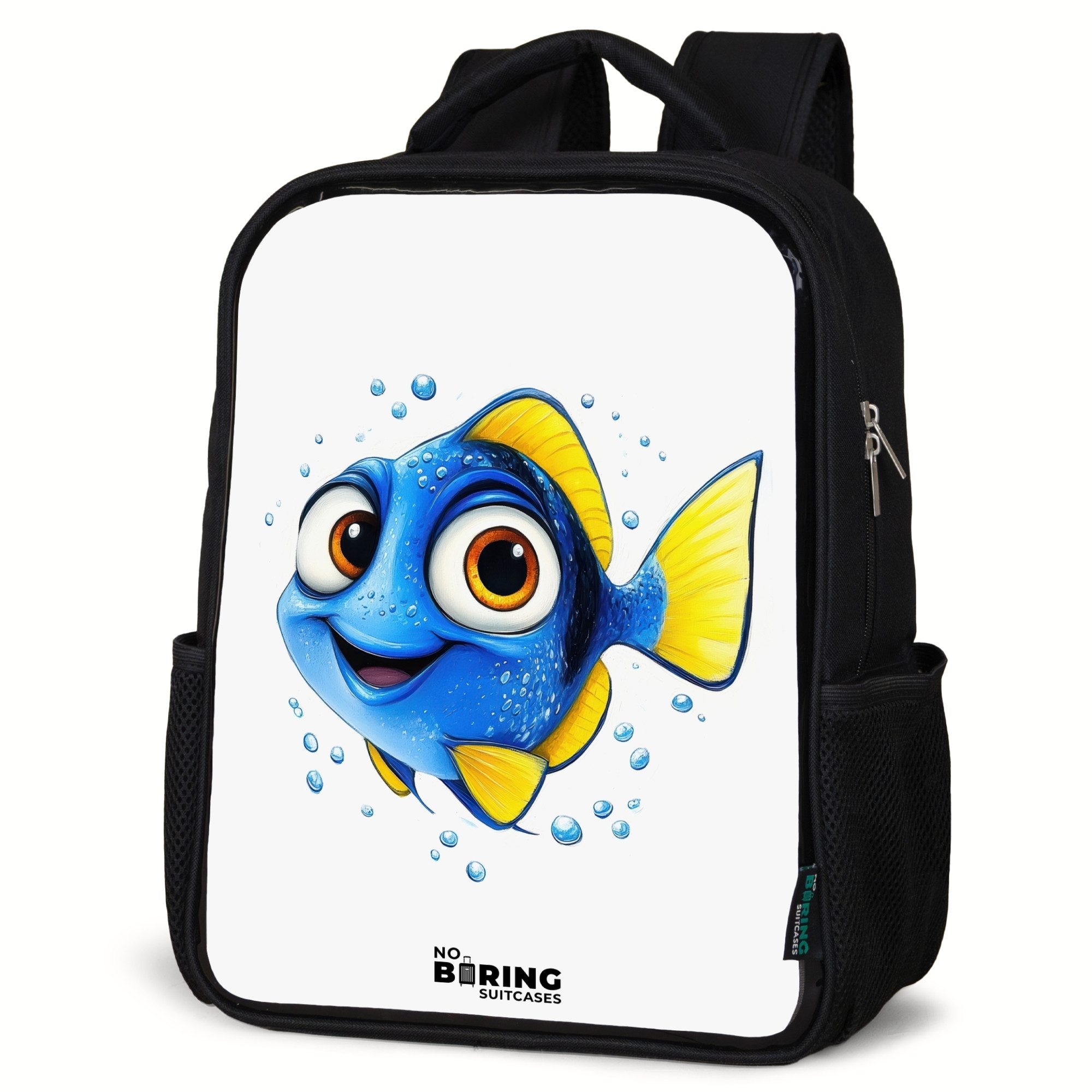 NoBoringSuitcases.com© Rucksack Blauer Fisch mit gelben Flossen und glücklichem Blick, Kinderrucksack Schwarz, Schulrucksack, Freizeitrucksack Jungen Mädchen