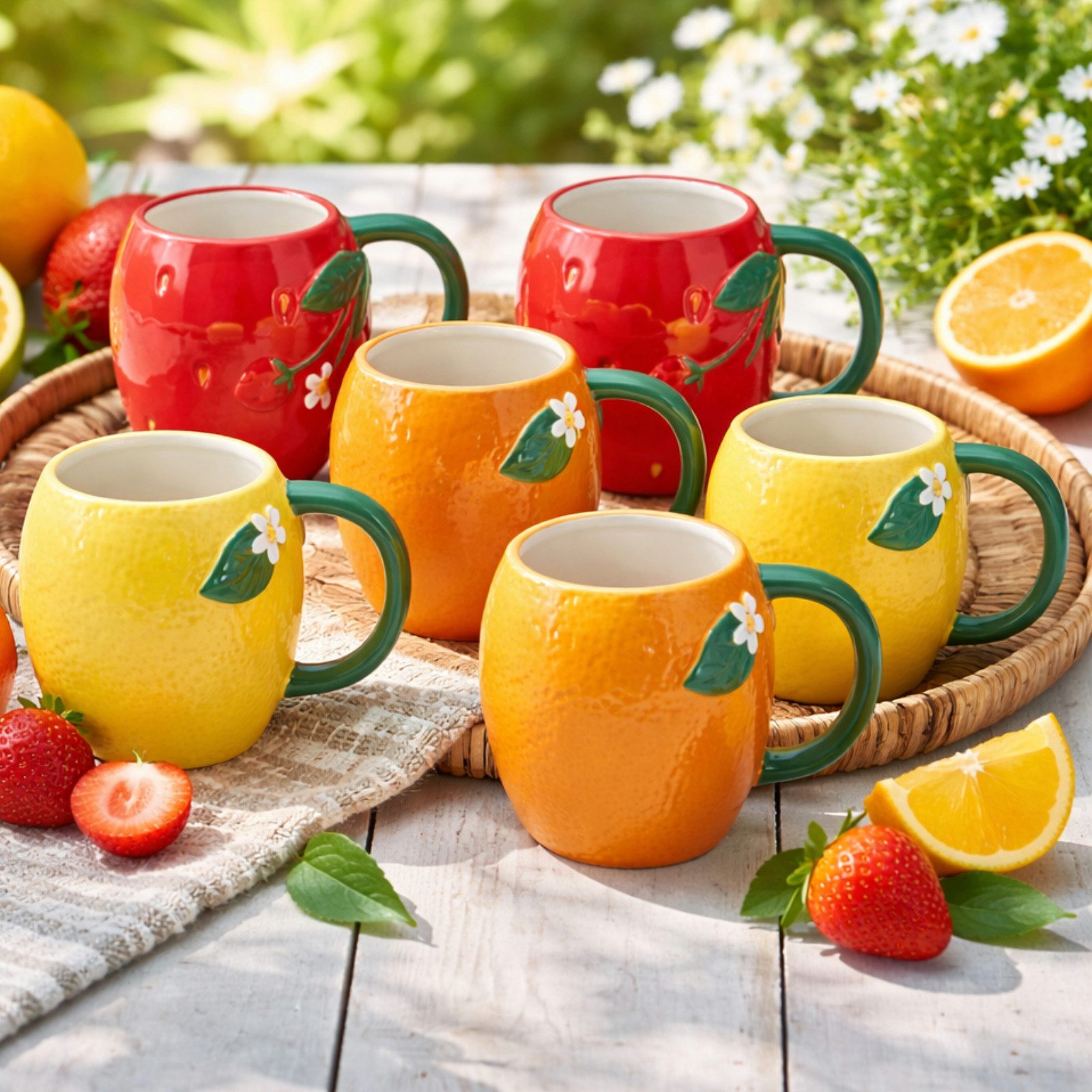 Koopman Tasse Teetasse Kaffeetasse Becher 300ml Früchte 6er Set, 6-tlg., Keramik, Erdbeere, Orange, Zitrone, mit Henkel