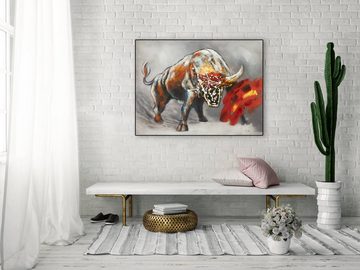 KUNSTLOFT Gemälde Der rote Stier 100x75 cm, Leinwandbild 100% HANDGEMALT Wandbild Wohnzimmer