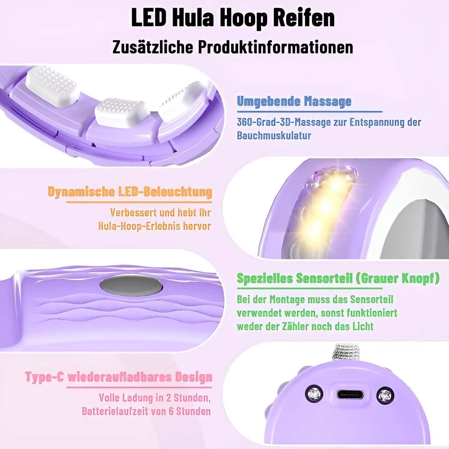 Diyarts Hula-Hoop-Reifen (Smart Hula Hoop), Smarter LED-Fitness Hoop – leise (60 dB), 18 Segmente, Akku